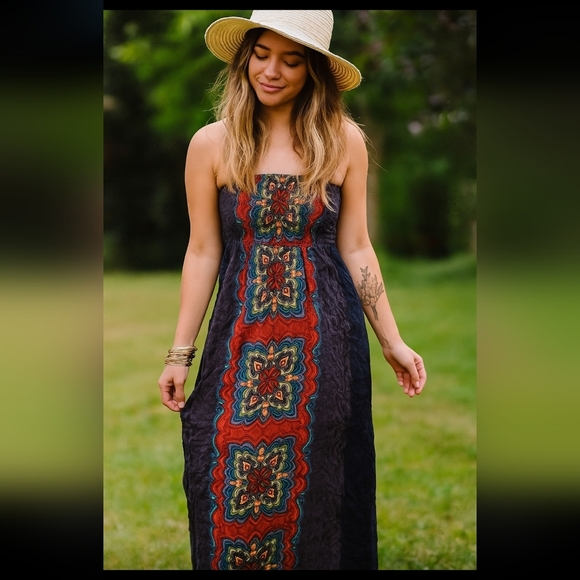 Angie Womens Floral Maxi Strapless Smocked Dress L - Picture 1 of 11